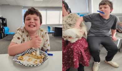 Participant Patrick at Millbourne Respite Centre Pancake day, and with Dorenlee Darling Doodles