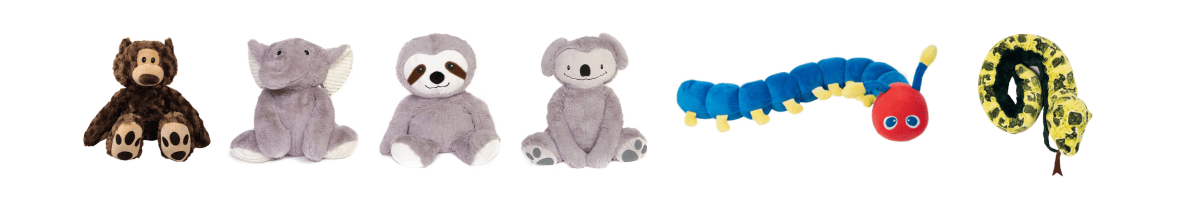 AdaptStore weighted stuffed animals. Bear, elephant, sloth, koala, caterpillar and snake.