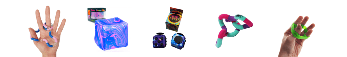 Classic tangle toy on hand, textured blue stress cube, blue galaxy fidget cube, tangle fuzzy, and a green hand exerciser on hand all from AdaptStore